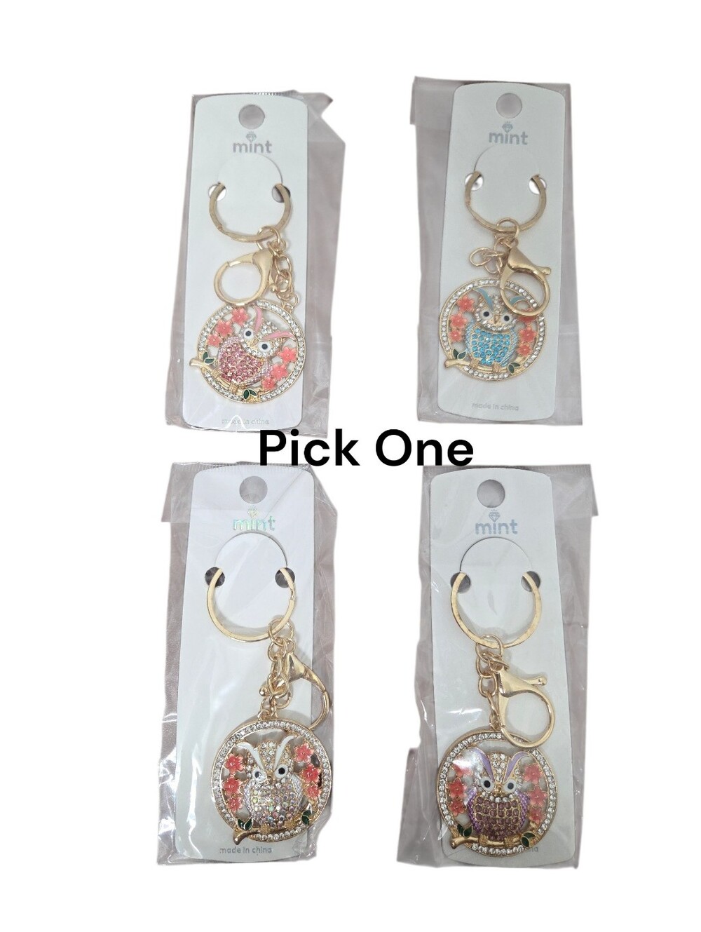 Mint Gold Owl Key/ Bag Charm with Pink Flowers Nwt